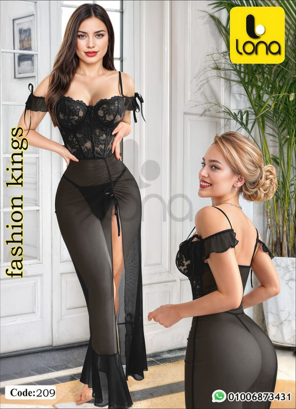 Black Lace Sheer Night Dress with High Slit – Sexy & Elegant