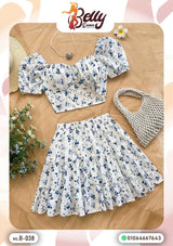 White Floral Two-Piece Set – Puff Sleeve Top & Tiered Skirt