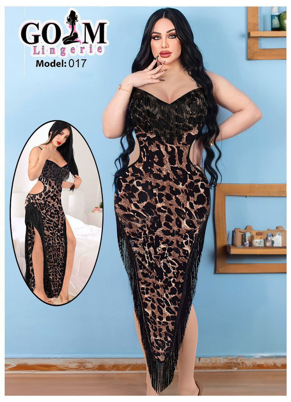 لانجري طويل بطبعة جلد النمر مع شراريب أنيقة