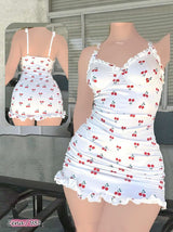 White Cherry Print Mini Nightdress with Ruffle Details – Cute & Sexy Sleepwear