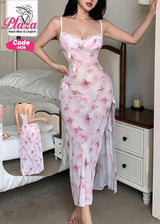 Pink Floral Sheer Long Nightdress with Side Slit – Elegant Romantic Sleepwear