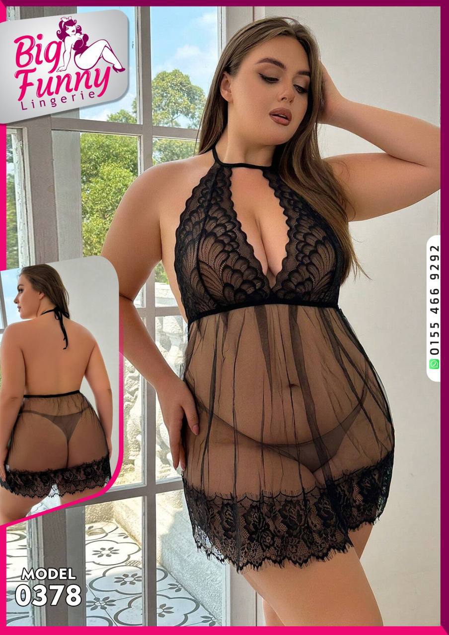 🖤 Sheer Halter Lace Babydoll – Big Size