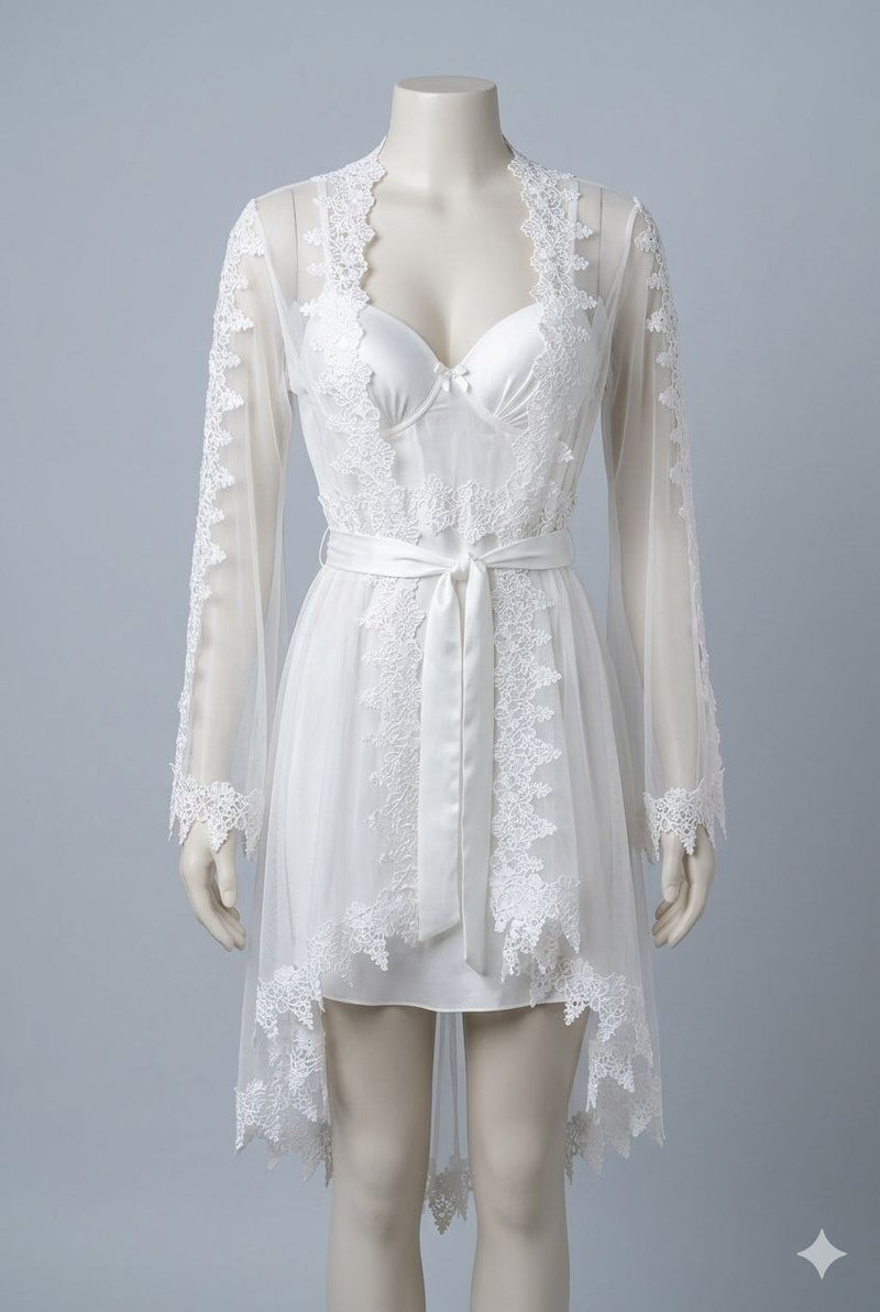 Elegant White Lace Robe Set for Women | Bridal & Honeymoon Nightwear