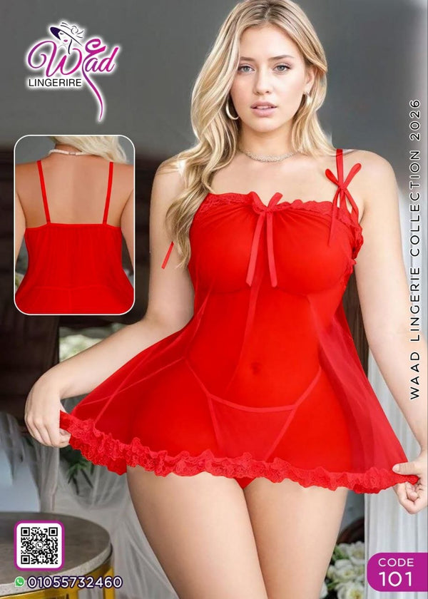 لانجري أحمر شفاف بتفاصيل دانتيل وفيونكة – كود 101