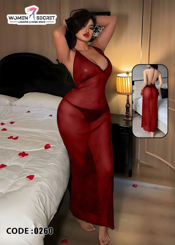 قميص نوم حريمي طويل شفاف بلمعة أنيقة وتصميم مفتوح – كود 0260