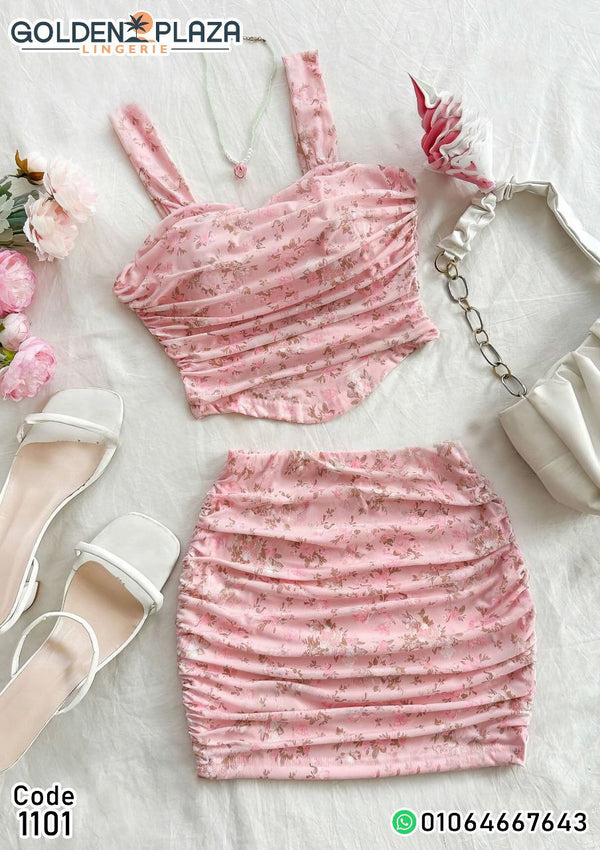طقم حريمي وردي مزهر قطعتين بكشكشة أنيقة – ملابس حريمي صيفي كود 1101
