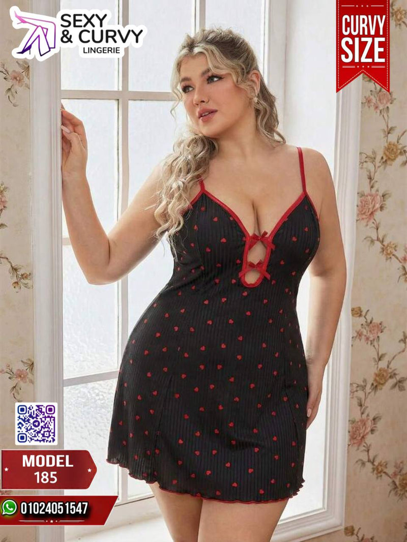 لانجري حريمي مقاسات كبيرة أسود بنقشة قلوب حمراء – قميص نوم قصير ستايل كيوت مثير – موديل 185