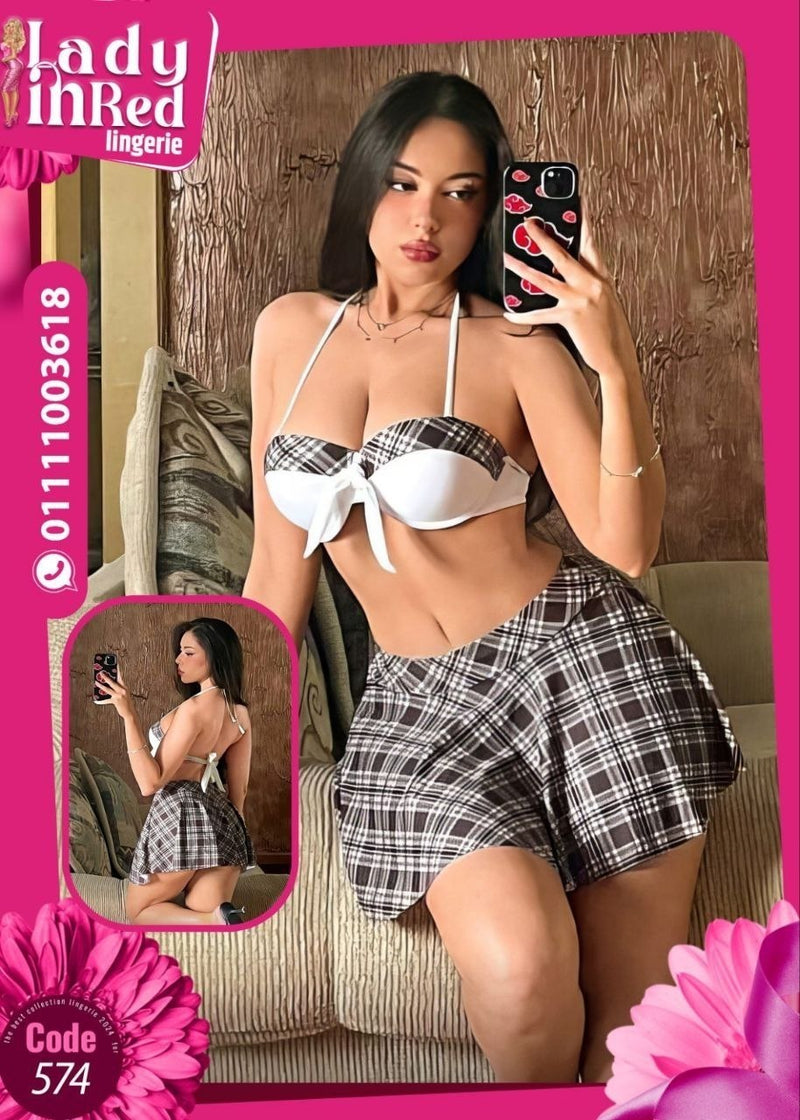 لانجري حريمي سكول جيرل – طقم كروب توب وجيبة كاروه – كود 574