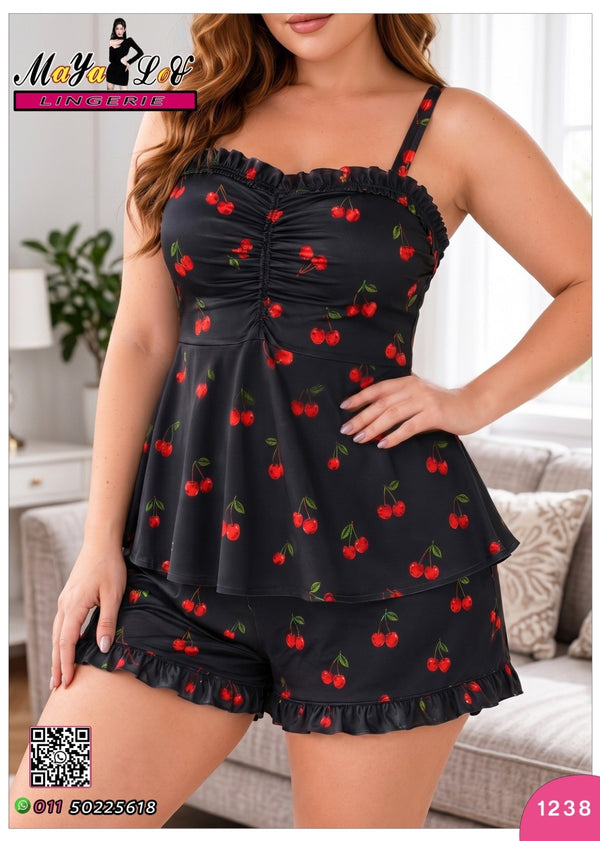 Black cherry print short pajama set code 1238