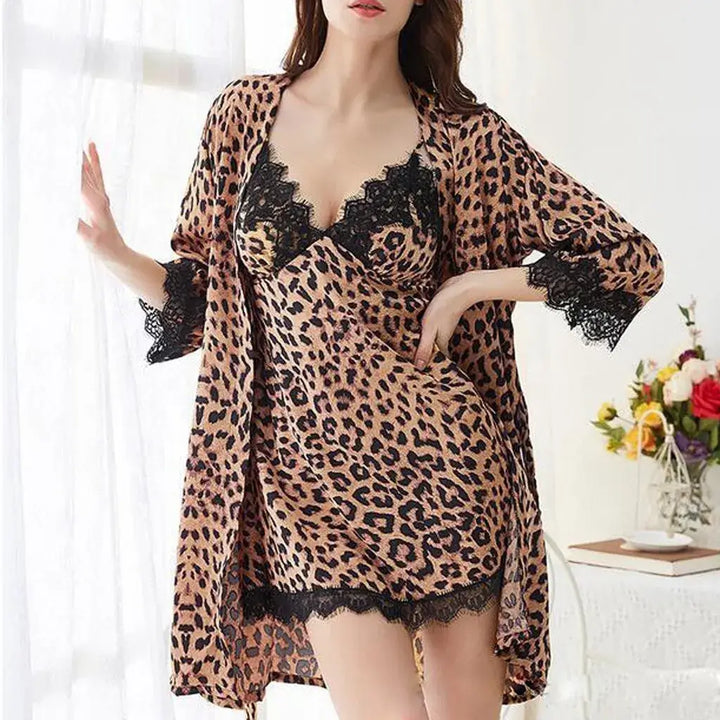 lingerie Sexy Erotica Lace Lingerie Bathrobe Leopard Print Nightdress Pajamas Sleepwear - Divarouj