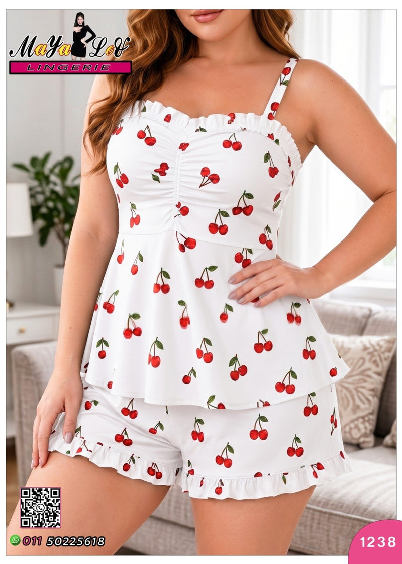 White cherry print short pajama set code 1238