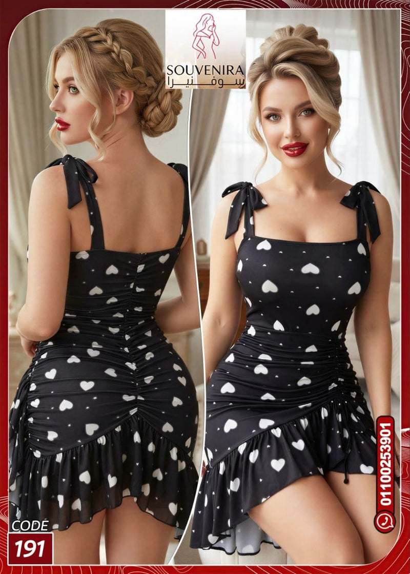 لانجري قصير أسود بطبعة قلوب وربطات كتف – Free Size | كود 191
