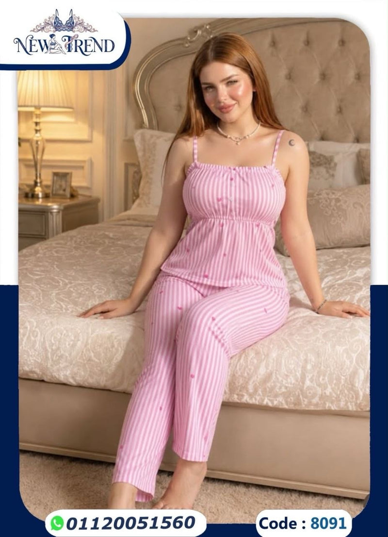 بيجامة حريمي مخططة 2 قطعة بحمالات – Free Size