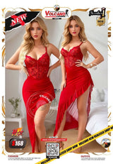 فستان لانجري أحمر طويل دانتيل بفتحة جانبية Free Size كود S168
