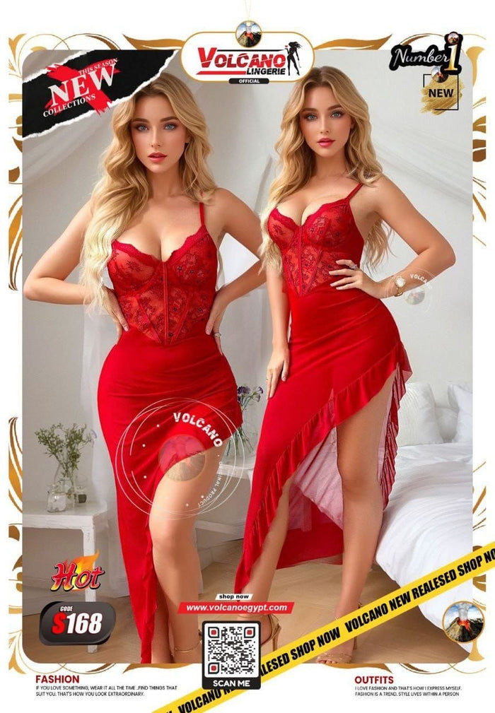 فستان لانجري أحمر طويل دانتيل بفتحة جانبية Free Size كود S168