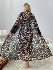 Leopard Print Lace Mesh Slip Dress & Belted Robe PJ Set - Divarouj