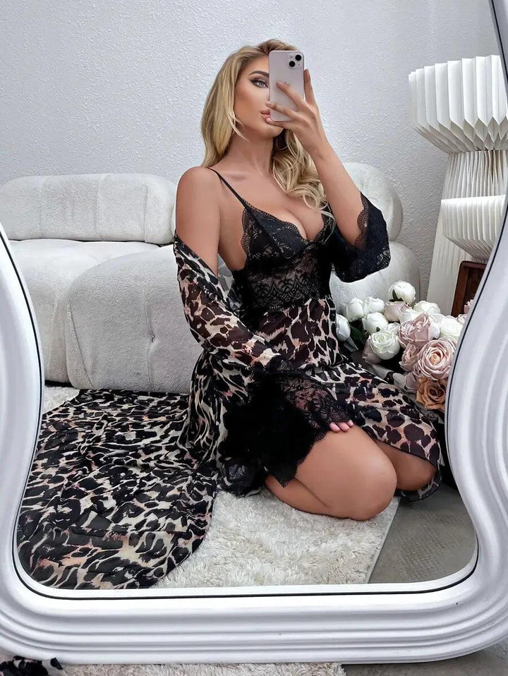 Leopard Print Lace Mesh Slip Dress & Belted Robe PJ Set - Divarouj