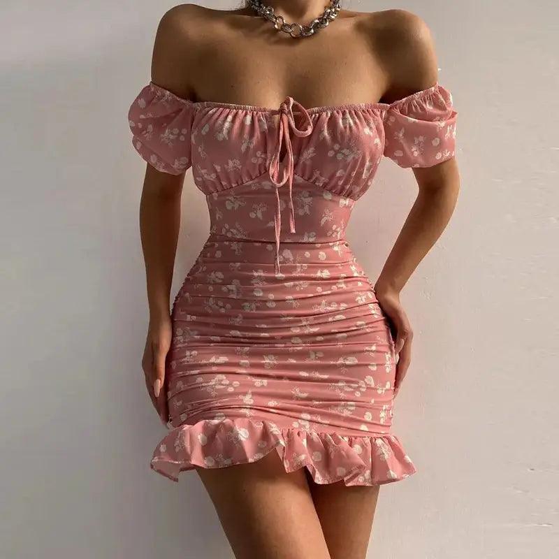 Women Floral Print Mini Dress Slash Neck Lace Up Pleated Party Bodycon Dress Sexy Off Shoulder High Waist Ruffles Summer Dresses - Divarouj