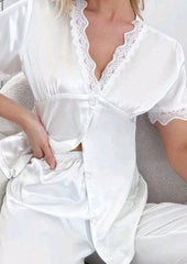 Two-Piece Satin Pajama - With Lace Around The Neck, Sleeves, And The End Of The Pants - Divarouj