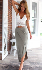 TWO PIECE - OLIVE SPLIT SKIRT AND LOW BACK CROP TOP - Divarouj