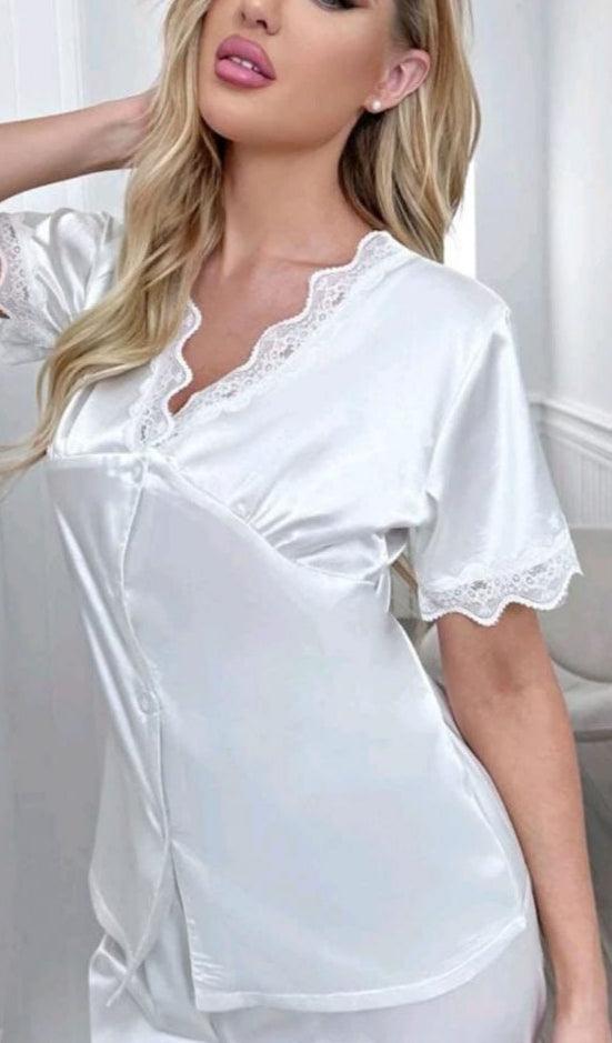 Two-Piece Satin Pajama - With Lace Around The Neck, Sleeves, And The End Of The Pants - Divarouj
