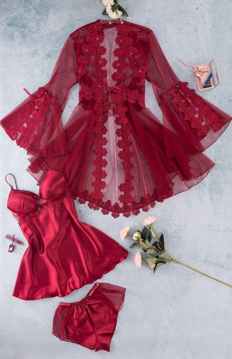 3-Piece Short Satin Lingerie Set | طقم لانجيري قصير 3 قطع كود 55