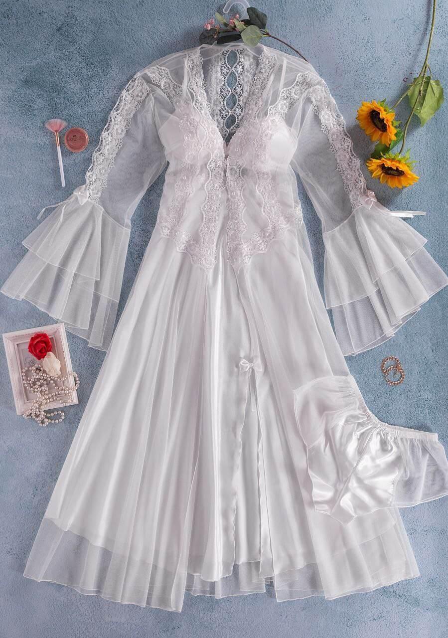 Lingerie On The Wedding Day - 3 Pieces - Long - With Embroidery In The Robe - Divarouj