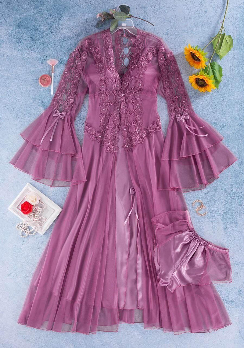 Lingerie On The Wedding Day - 3 Pieces - Long - With Embroidery In The Robe - Divarouj